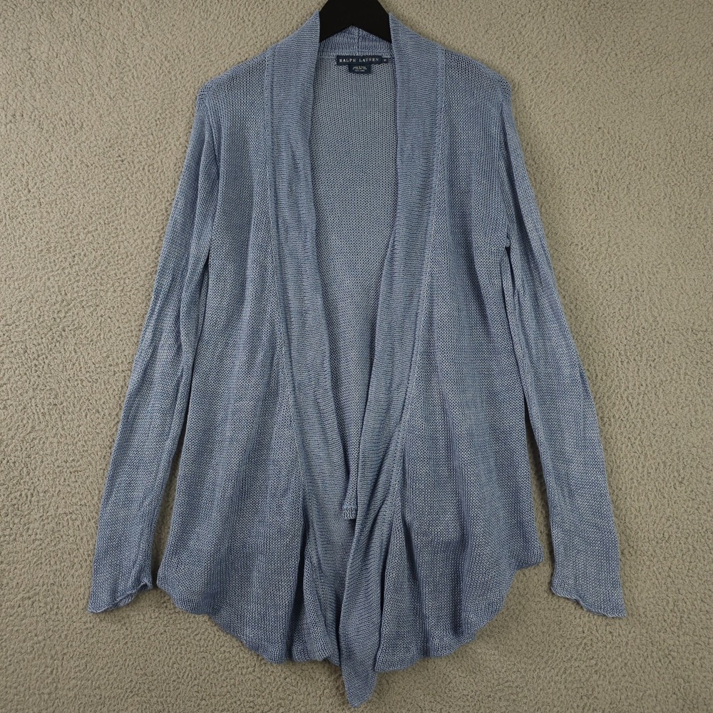 Ralph Lauren Cardigan Sweater Womens Medium Blue Linen Open Front Adjustable Hem